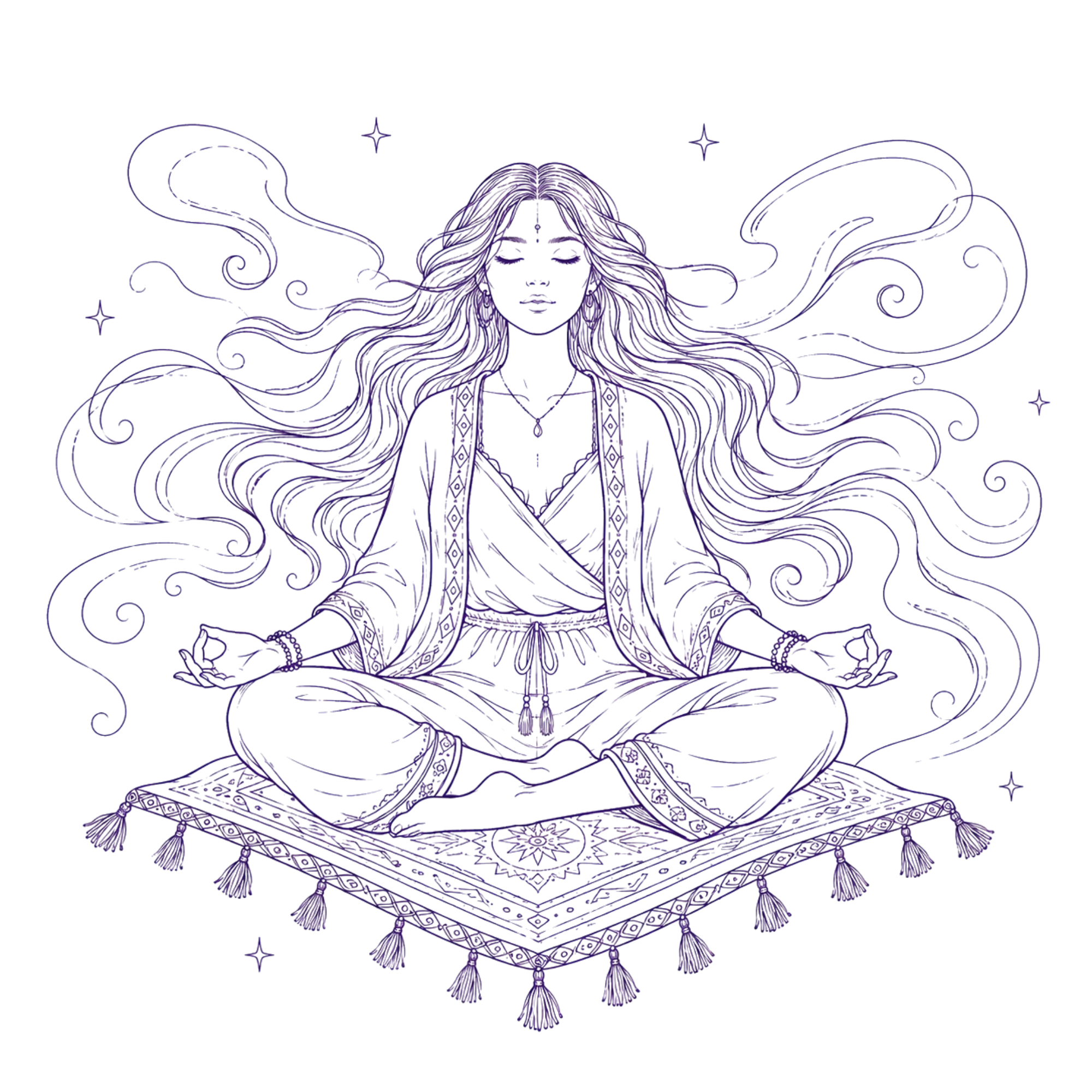 Ilustración de una figura meditando en loto bajo una luna creciente, rodeada de estrellas